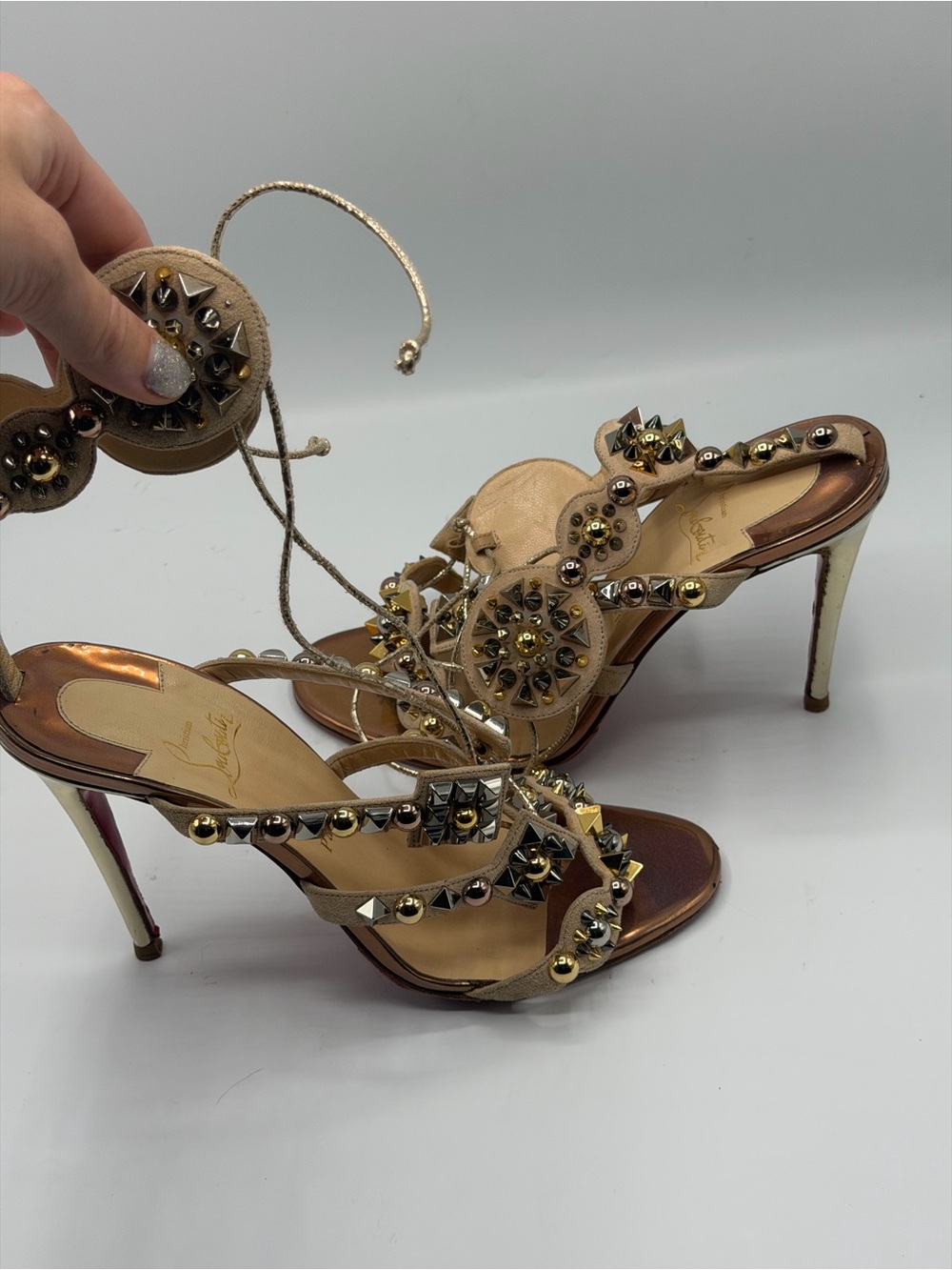 Christian Louboutin Gold Bronze Silver Suede Leather Sandal Kaleikita Heels EU41